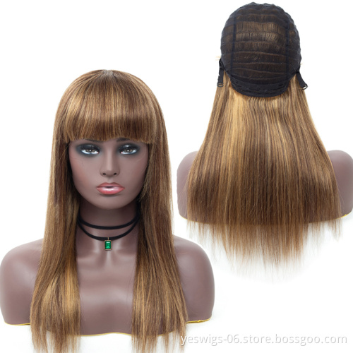 Cheap Human Hair 4/27# Colour Highlight Wigs Brazilian Hair Non Lace Wig With Bangs Machine Made Human Hair Wigs For Black Women
